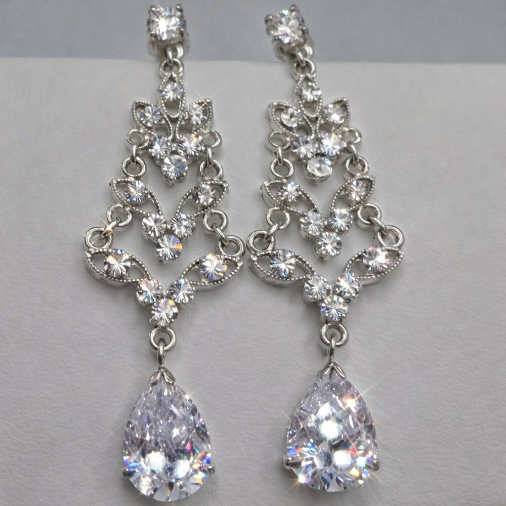 Cubic Zirconia CZ Silver-Tone Chandelier Drop Earrings Bridal Wedding Party